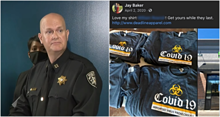 Capt. Jay Baker and screenshots of a stack of t-shirts which read "Covid 19 / Imported virus from Chy-na"
